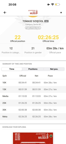 Oficjalne wyniki Tomasz Dzięcioł - Maraton Malaga 2:26:25
