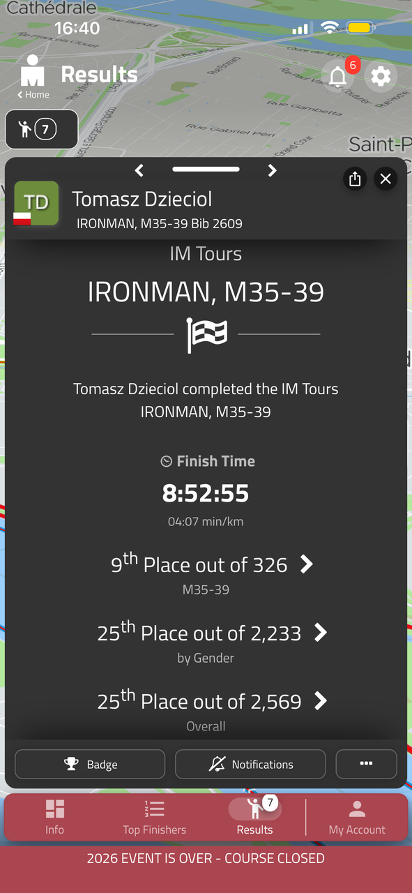 Wynik końcowy Ironman Tours – 8:52:55, 9. w kategorii M35-39, 25. overall