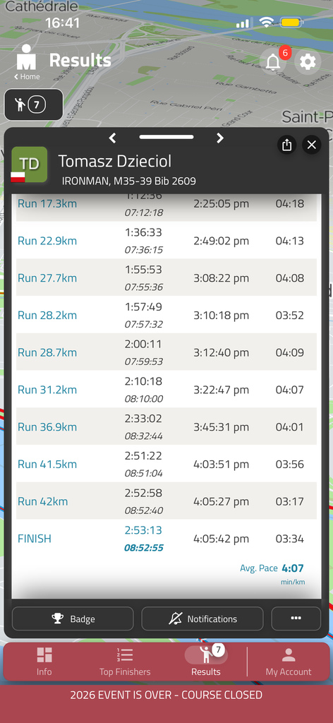 Splity biegu Ironman Tours – ujemne splity, finisz 3:17 min/km