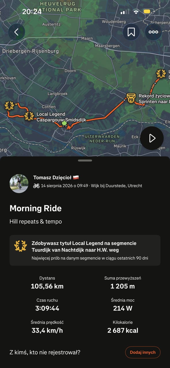 Strava – hill repeats and tempo, 105 km, 1205m przewyższenia, 214W